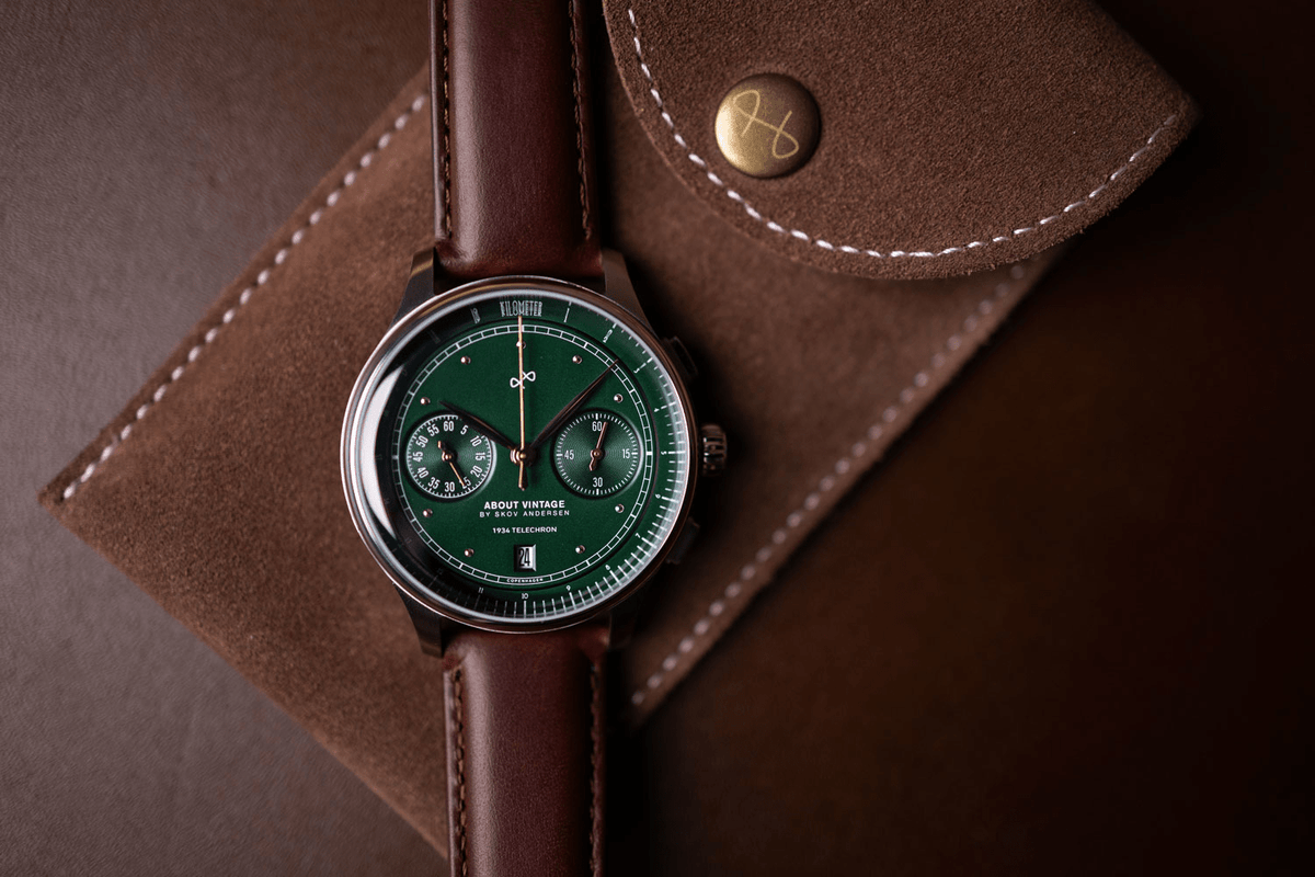 1934 Telechron by AV86 vintage-inspired chronograph with telemeter, sapphire crystal, and brown leather strap on suede pouch