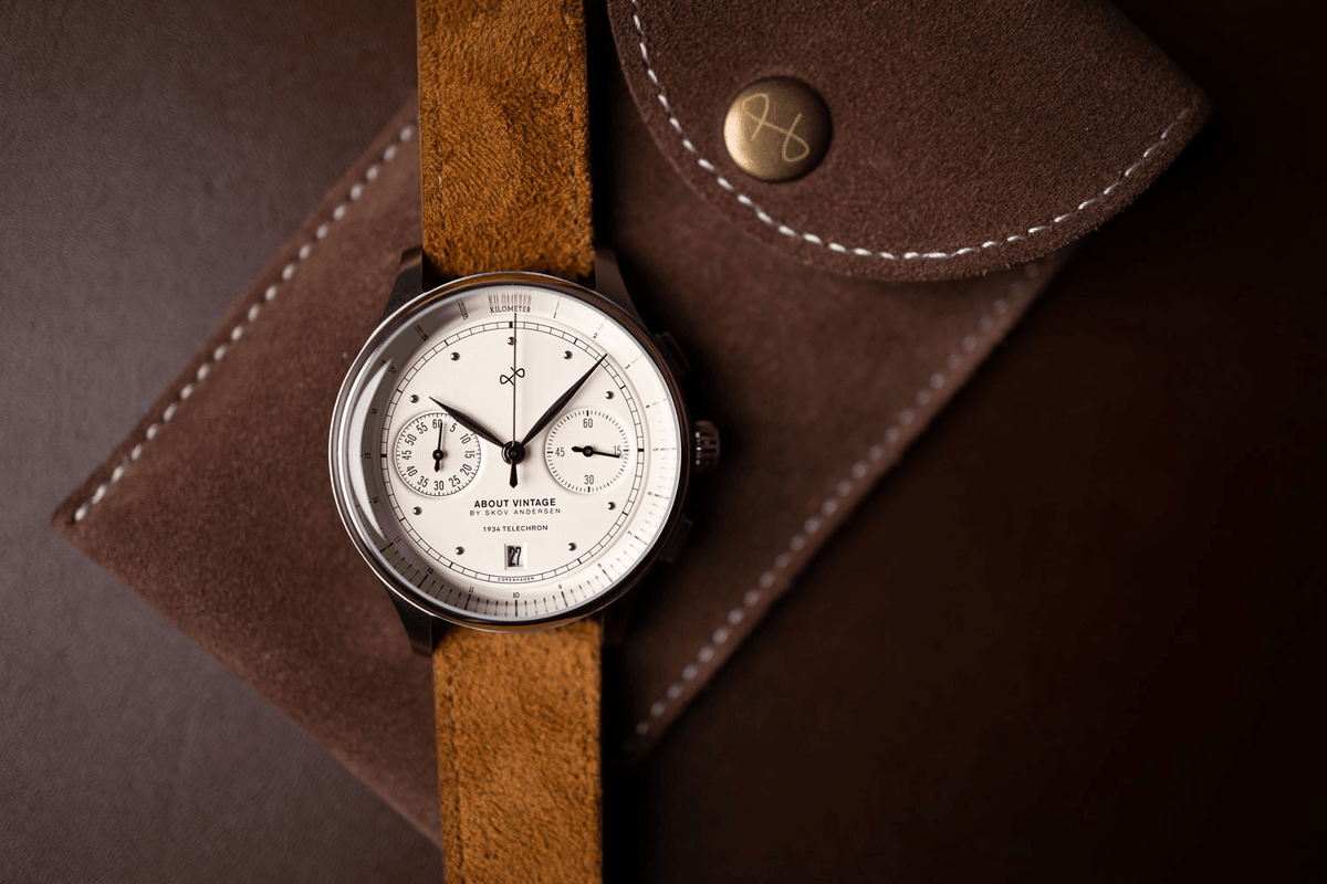 1934 Telechron by AV86 vintage-inspired chronograph with telemeter, sapphire crystal, and brown suede leather strap