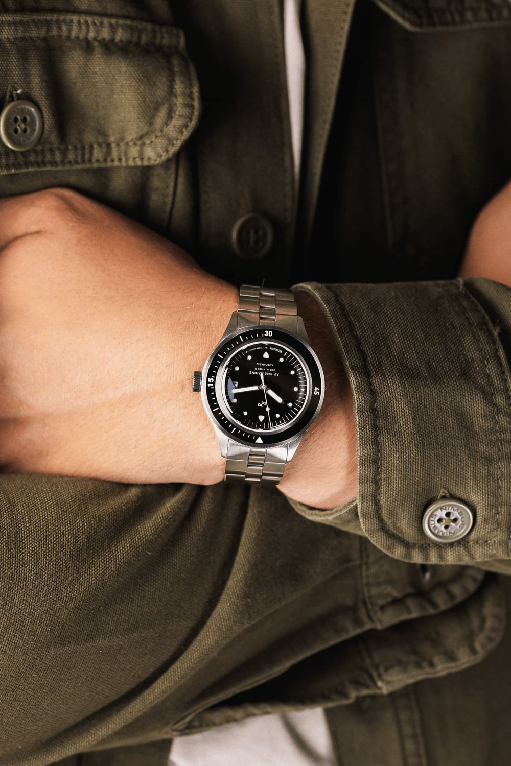 1956 Marine Automatic by AV86 with vintage-inspired dial, sapphire crystal, diver watch, and metal bracelet strap on wrist