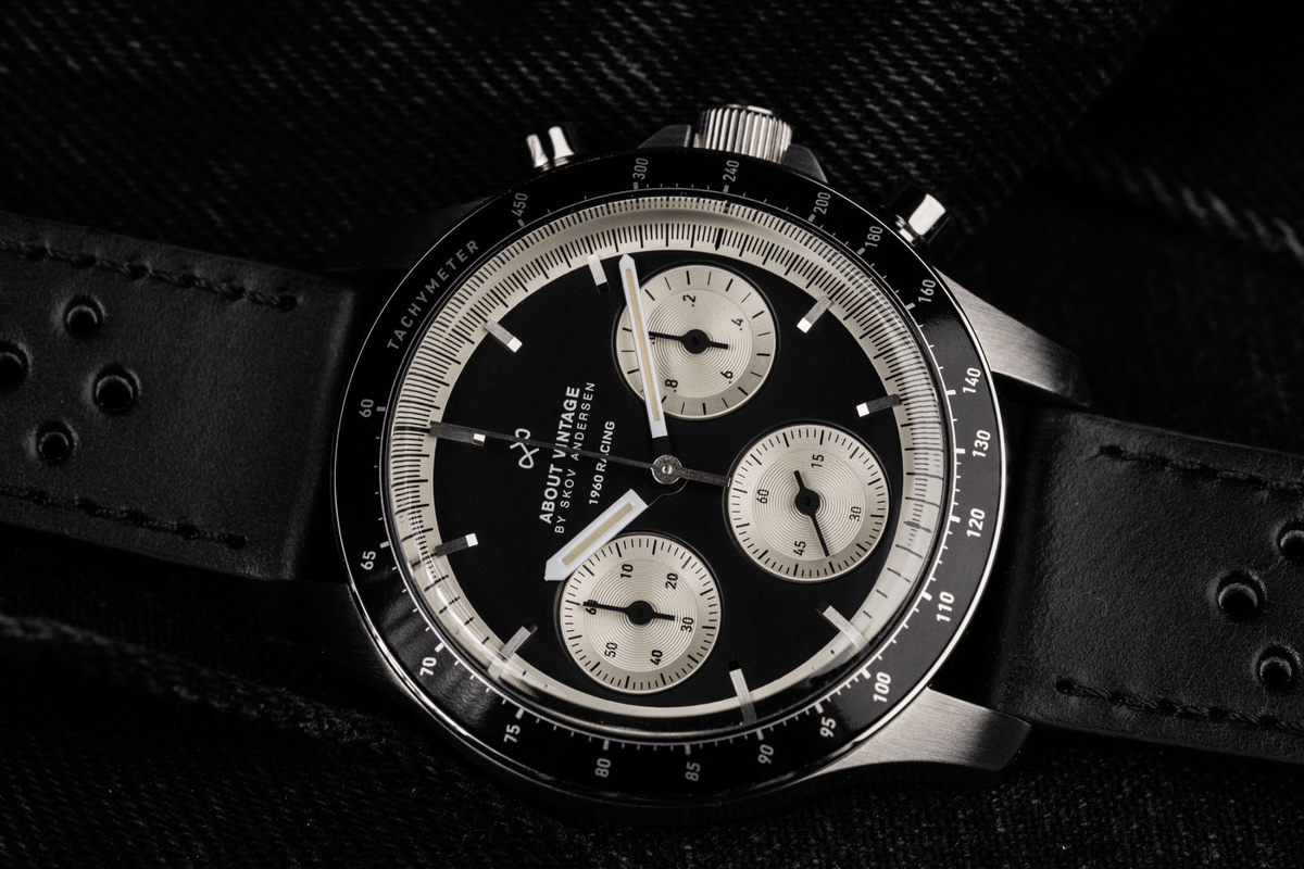 1960 Racing Chronograph by AV86 vintage-inspired with tachymeter bezel, sapphire crystal, and perforated leather strap