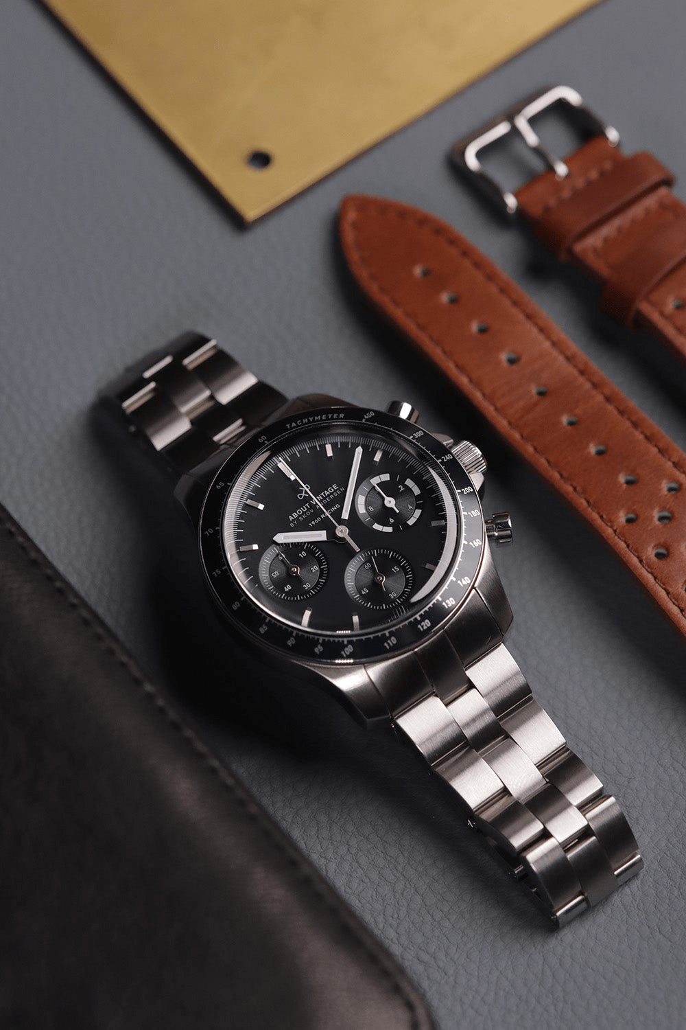 1960 Racing Chronograph by AV86 with vintage-inspired dial, tachymeter bezel, sapphire crystal, and metal bracelet strap alongside leather straps