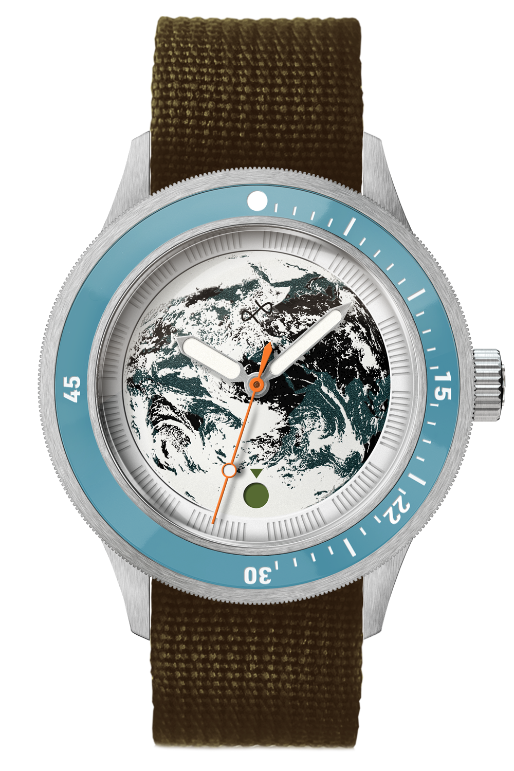 Wristwatch featuring a globe-inspired dial with silver case, blue bezel, and textured olive green fabric strap.