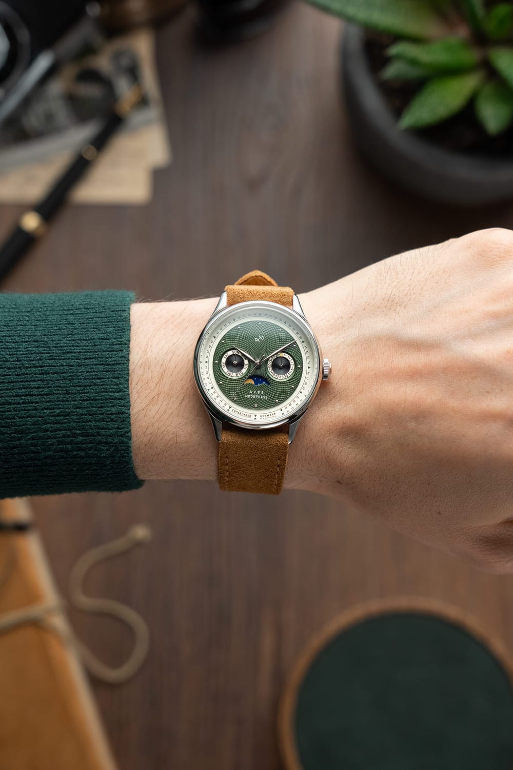 1968 Moonphase by AV86 featuring vintage-inspired moonphase dial, sapphire crystal, and brown leather strap in Nordic minimalist style