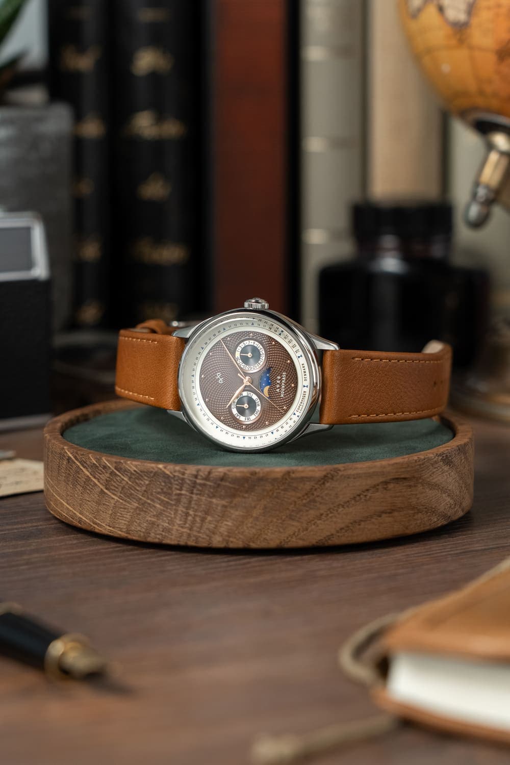 1968 Moonphase by AV86 vintage-inspired Moonphase watch with textured dial, sapphire crystal, and brown leather strap