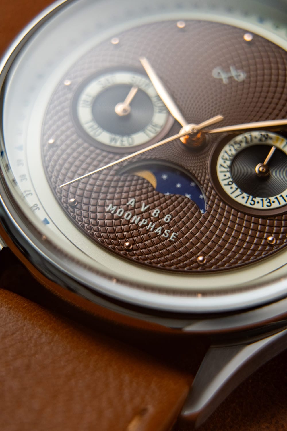 1968 Moonphase by AV86 with vintage-inspired dial, moonphase complication, sapphire crystal, and brown leather strap