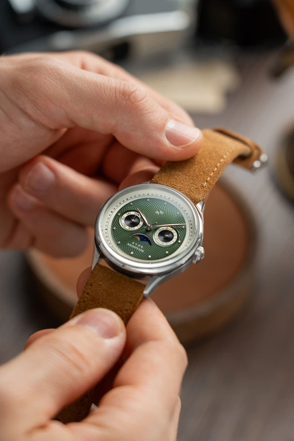 1968 Moonphase by AV86 luxury moonphase watch with sapphire crystal, vintage-inspired green dial, and tan suede leather strap
