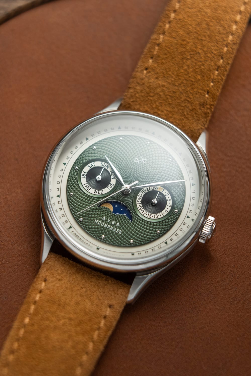 1968 Moonphase by AV86 vintage-inspired moonphase watch with sapphire crystal, textured dial, and brown suede leather strap