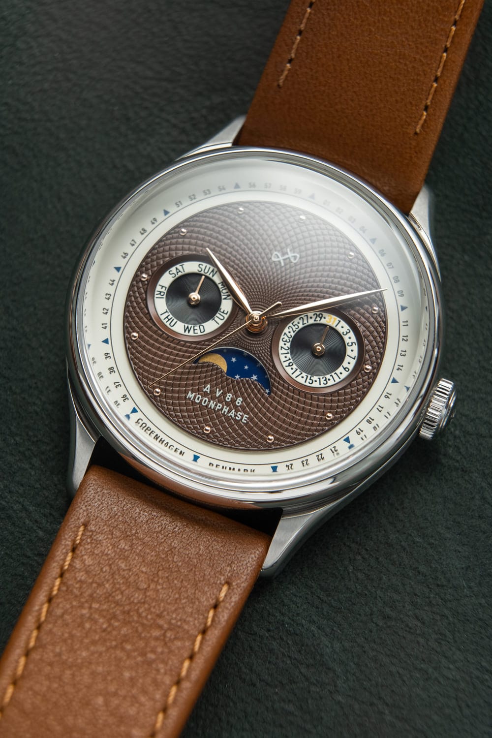 1968 Moonphase by AV86 vintage-inspired moonphase watch with textured dial, sapphire crystal, and brown leather strap