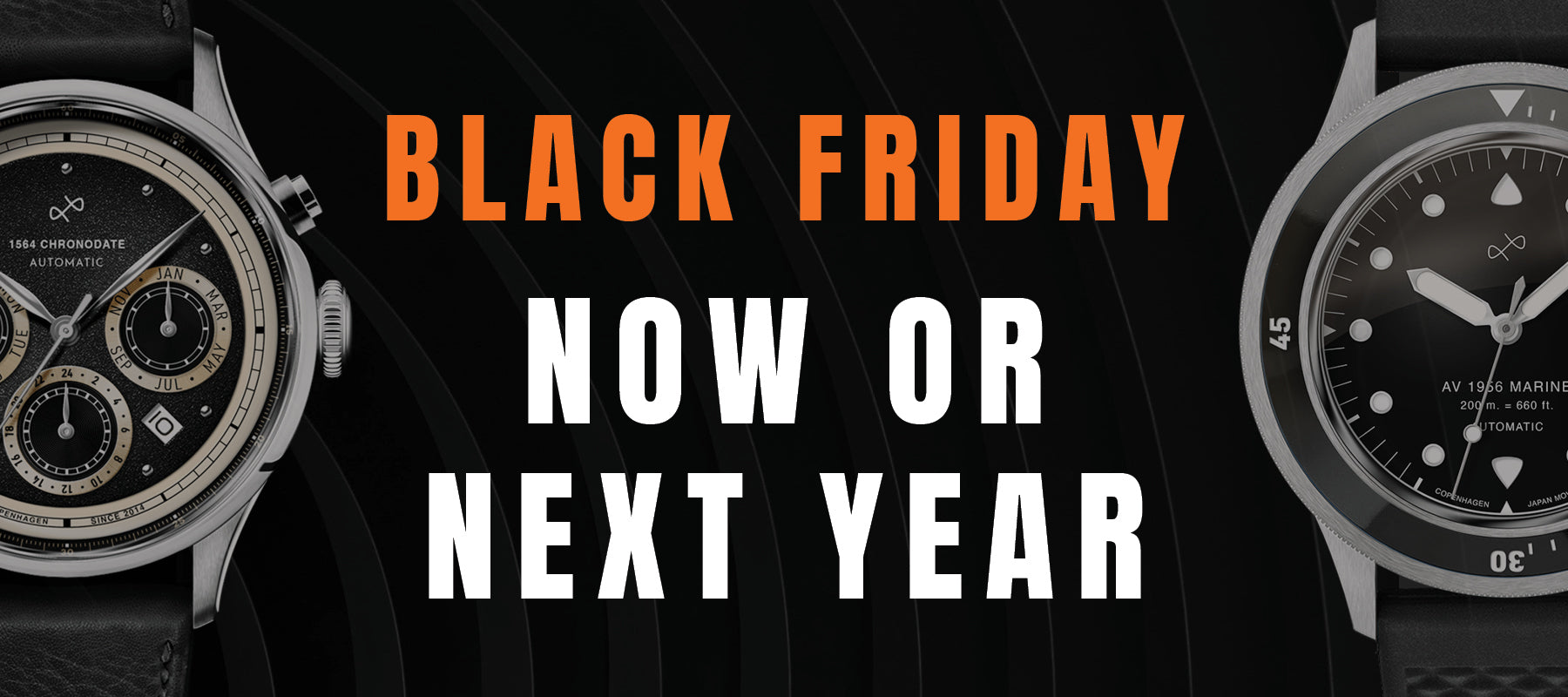Black Friday banner with luxury vintage-inspired chronograph and automatic diver watches by AV86, emphasizing time-sensitive urgency