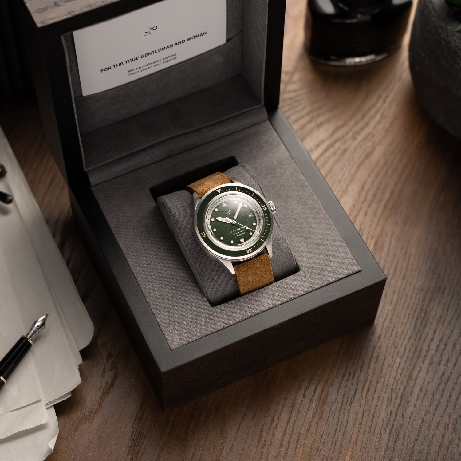 1956 Marine Automatic, Steel / Green displayed in luxury wooden box with brown leather strap by AV86 Danish Design vintage-inspired watch