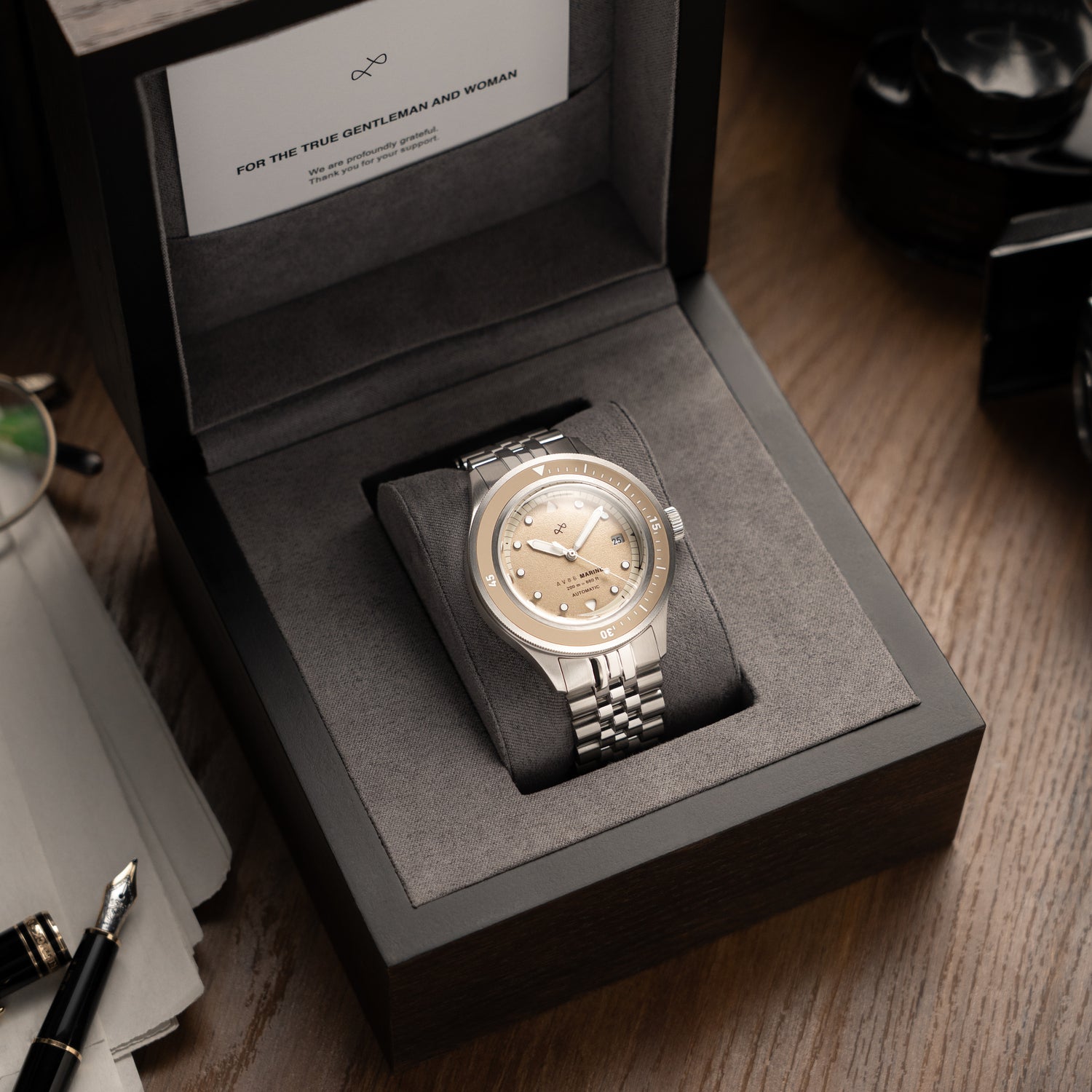 1956 Marine Automatic, Steel / Sand wristwatch by AV86 with vintage-inspired dial and classic steel bracelet in luxury presentation box