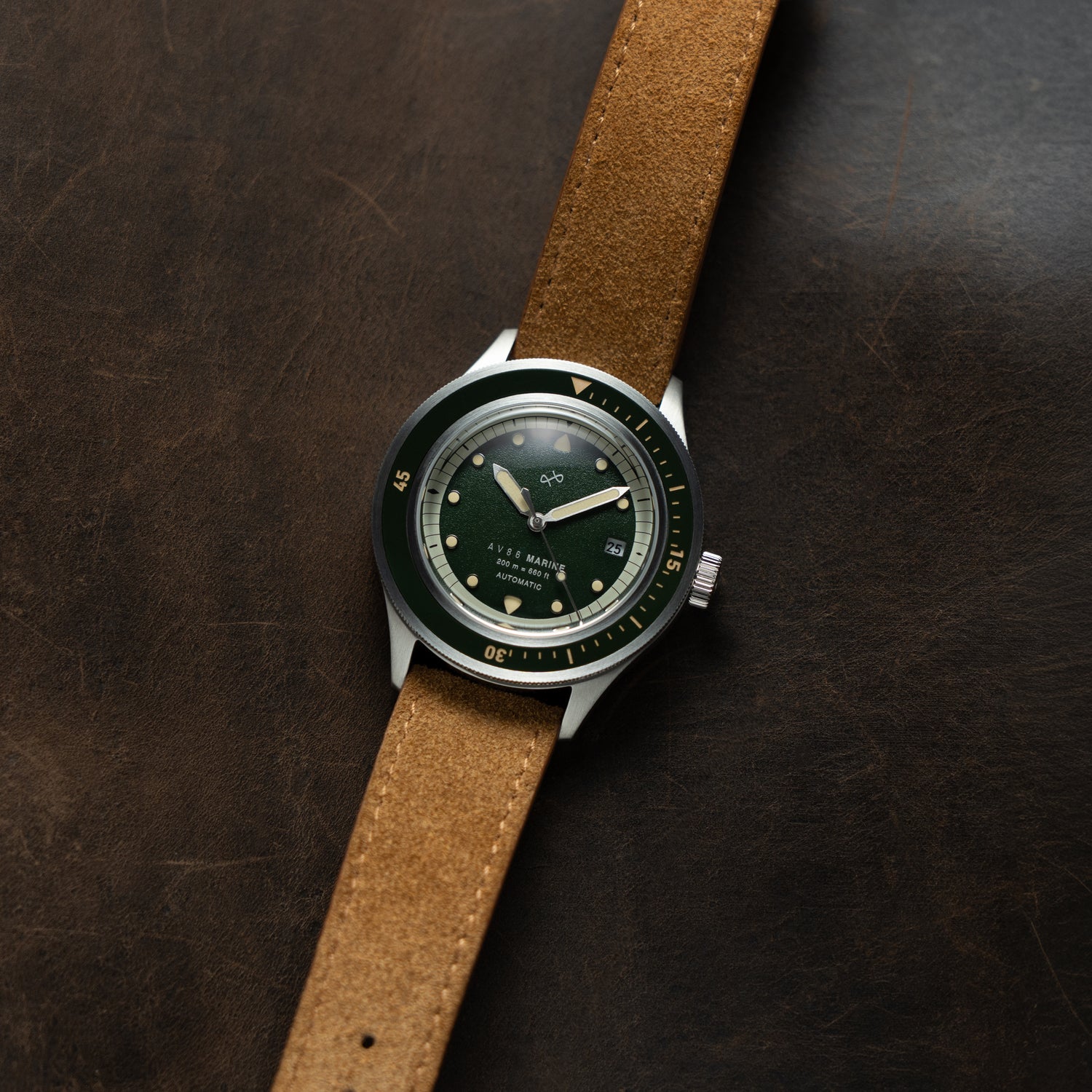 1956 Marine Automatic, Steel / Green with green dial, steel case, and brown leather strap by AV86, vintage-inspired luxury timepiece