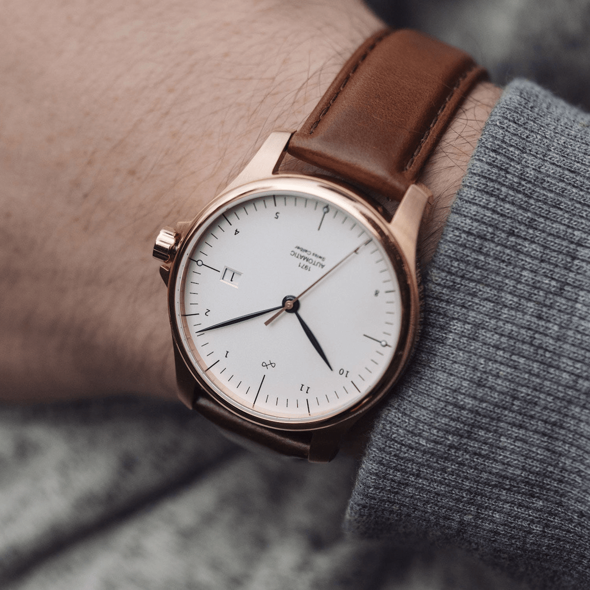 1971 Automatic by AV86 luxury timepiece with minimalist dial, sapphire crystal, automatic movement, and brown leather strap