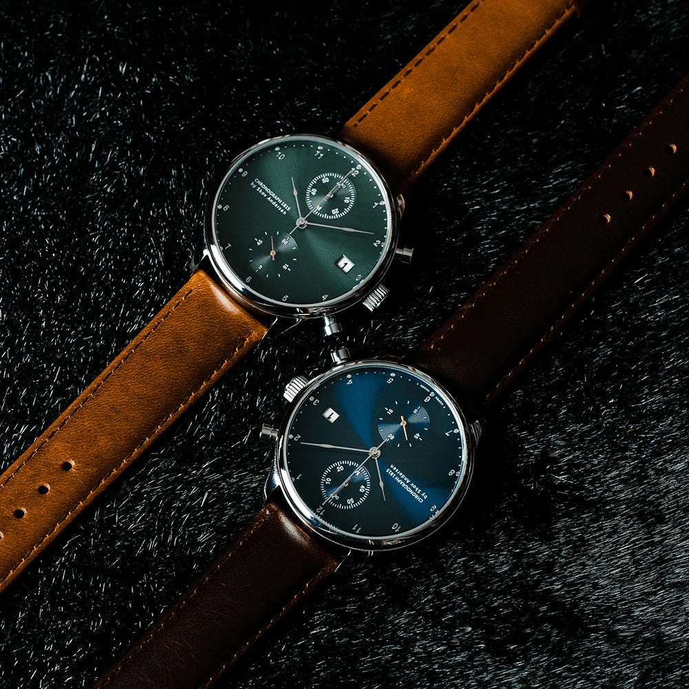 1815 Chronograph by AV86 with vintage-inspired dial, sapphire crystal, chronograph subdials, and brown leather strap luxury timepiece