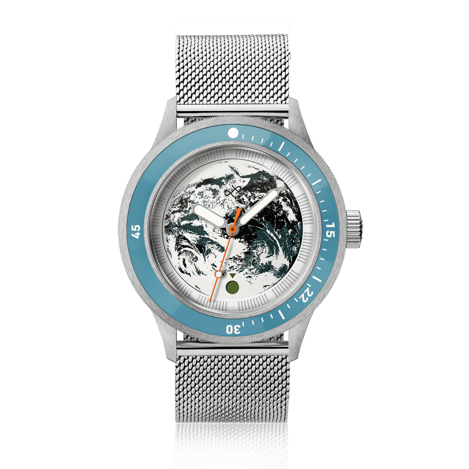 Modèle Earthrise WWF Partnership, Automatique / Édition 2026 par AV86, doté d'un bracelet en maille d'acier inoxydable et d'un cadran avec un Design sur le thème de la Terre.