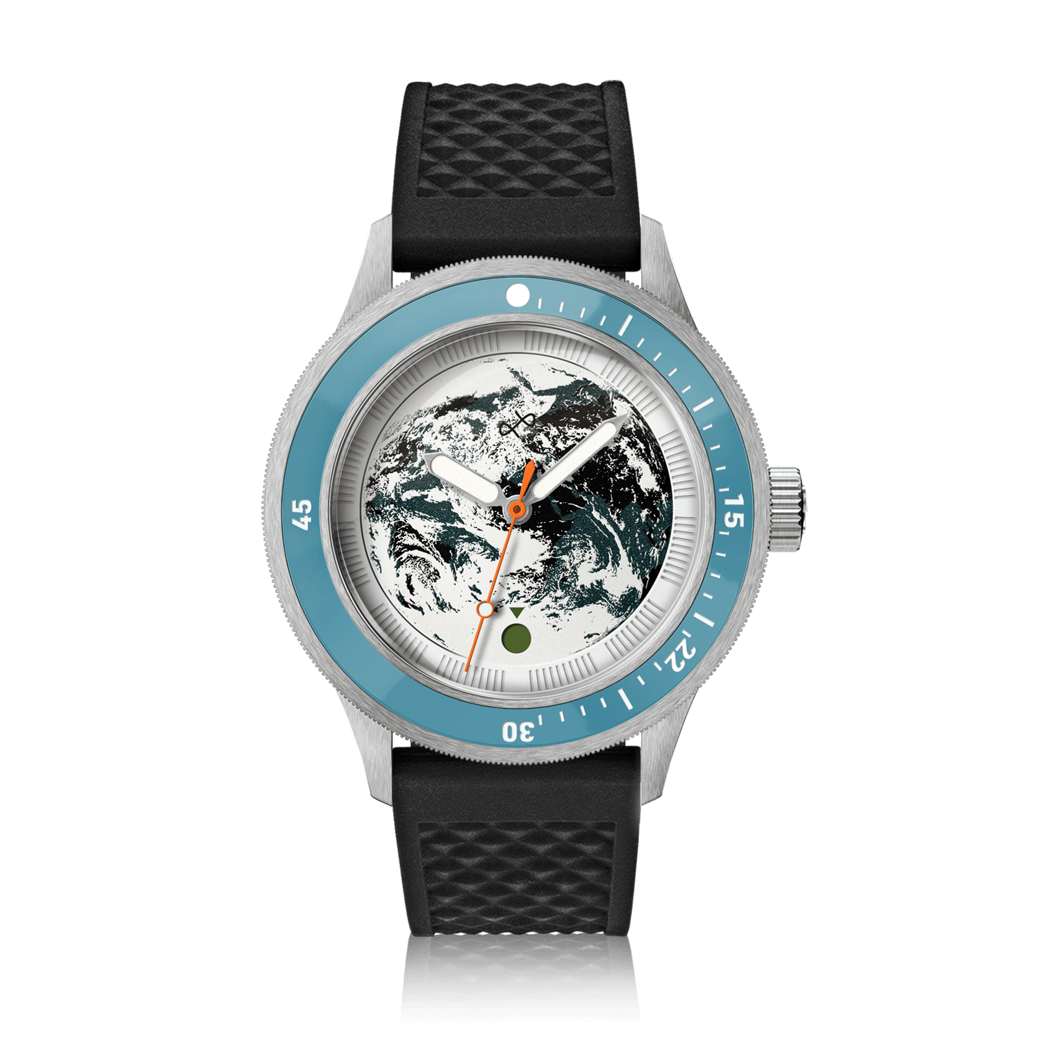 Modèle Earthrise WWF Partnership, Automatique / Édition 2026 par AV86, avec cadran « Earth », lunette bleue et bracelet en silicone texturé noir.