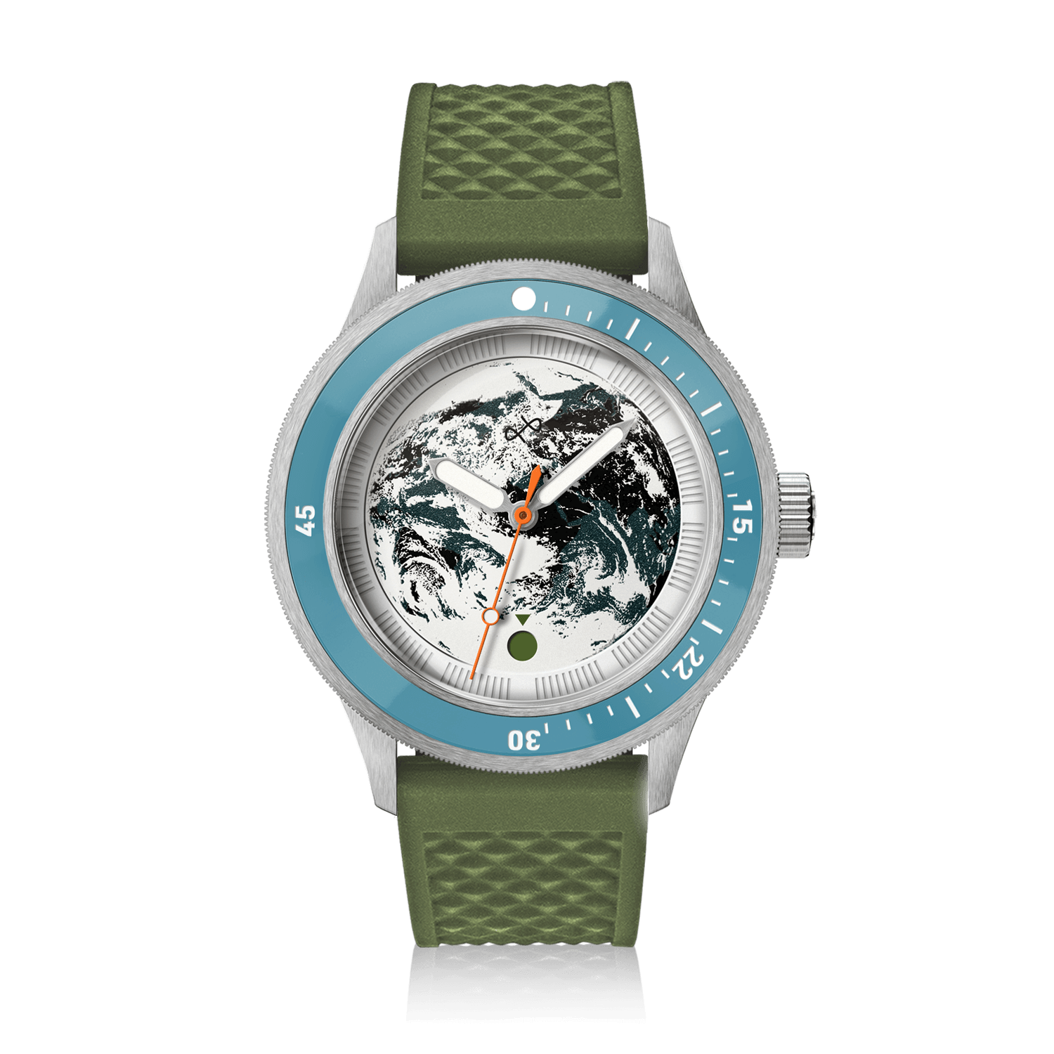 Partenariat Earthrise WWF, modèle Automatique / Édition 2026 par AV86, avec bracelet en silicone vert et cadran sur le thème de la Terre sous une lunette bleue.