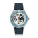 Modèle Earthrise WWF Partnership, Automatique / Édition 2026 par AV86, avec lunette bleue, cadran à motif terrestre et bracelet en silicone bleu texturé.