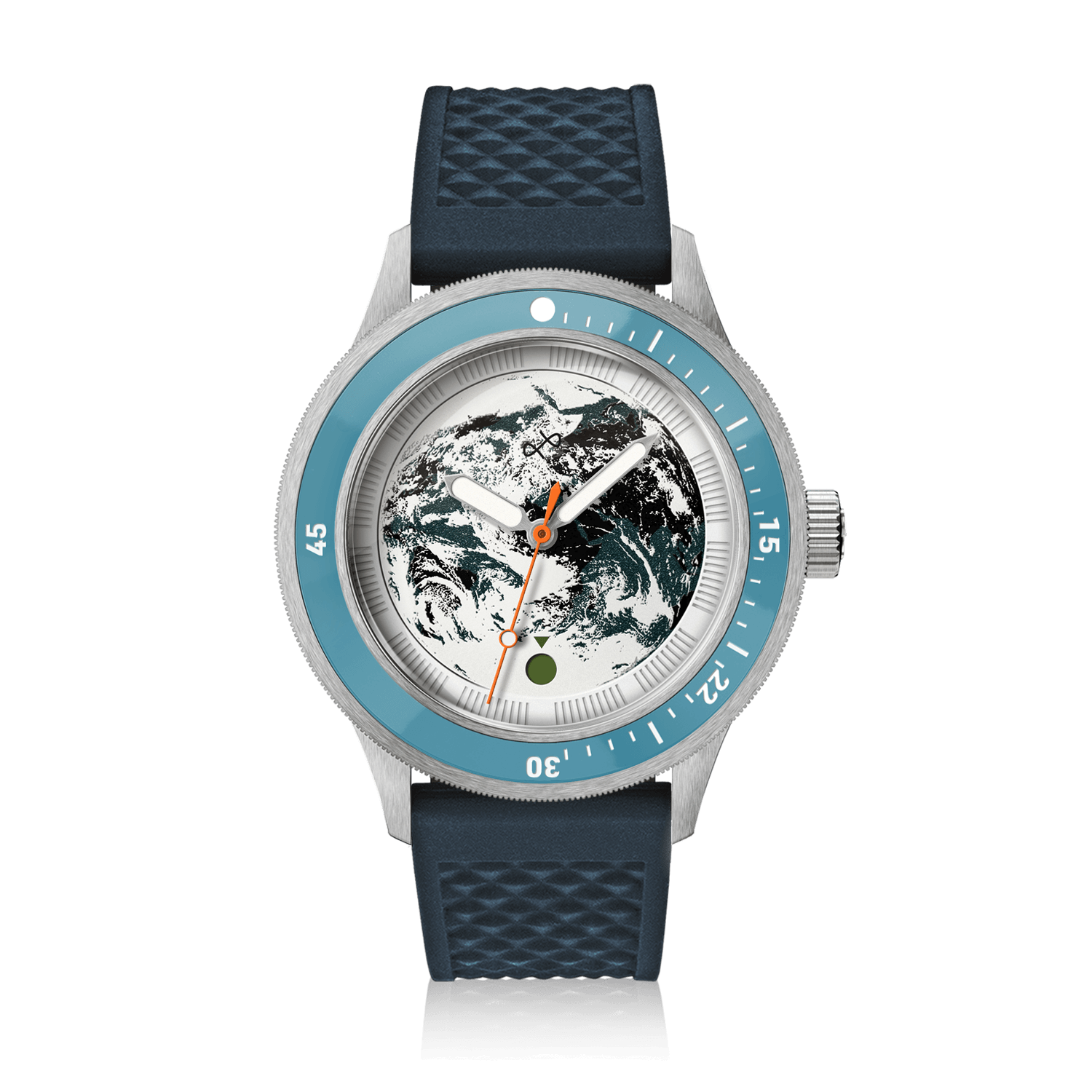 Modèle Earthrise WWF Partnership, Automatique / Édition 2026 par AV86, avec lunette bleue, cadran à motif terrestre et bracelet en silicone bleu texturé.