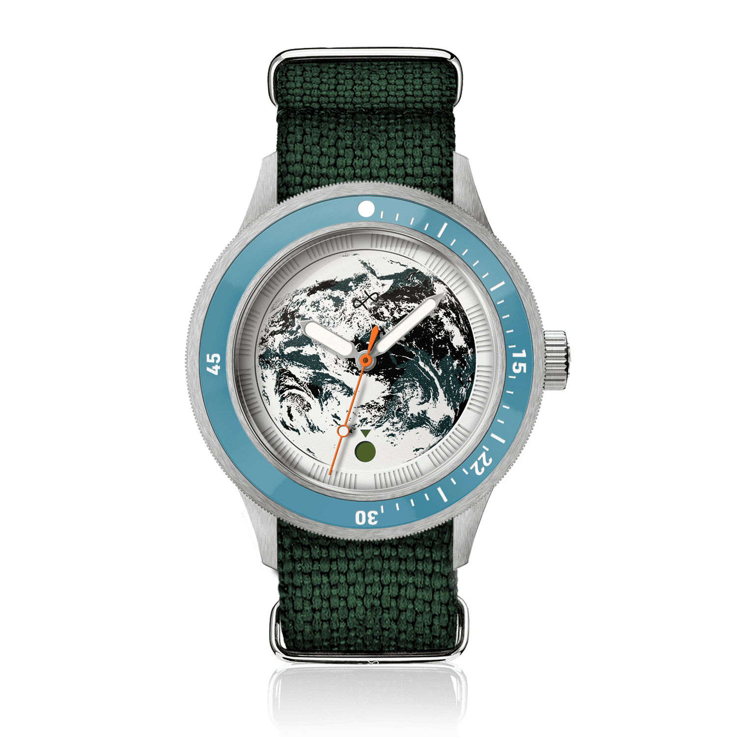 Partenariat Earthrise WWF, modèle Automatique / Édition 2026 par AV86, avec bracelet tissé vert et cadran orné d'un motif représentant la Terre sous une lunette bleue.