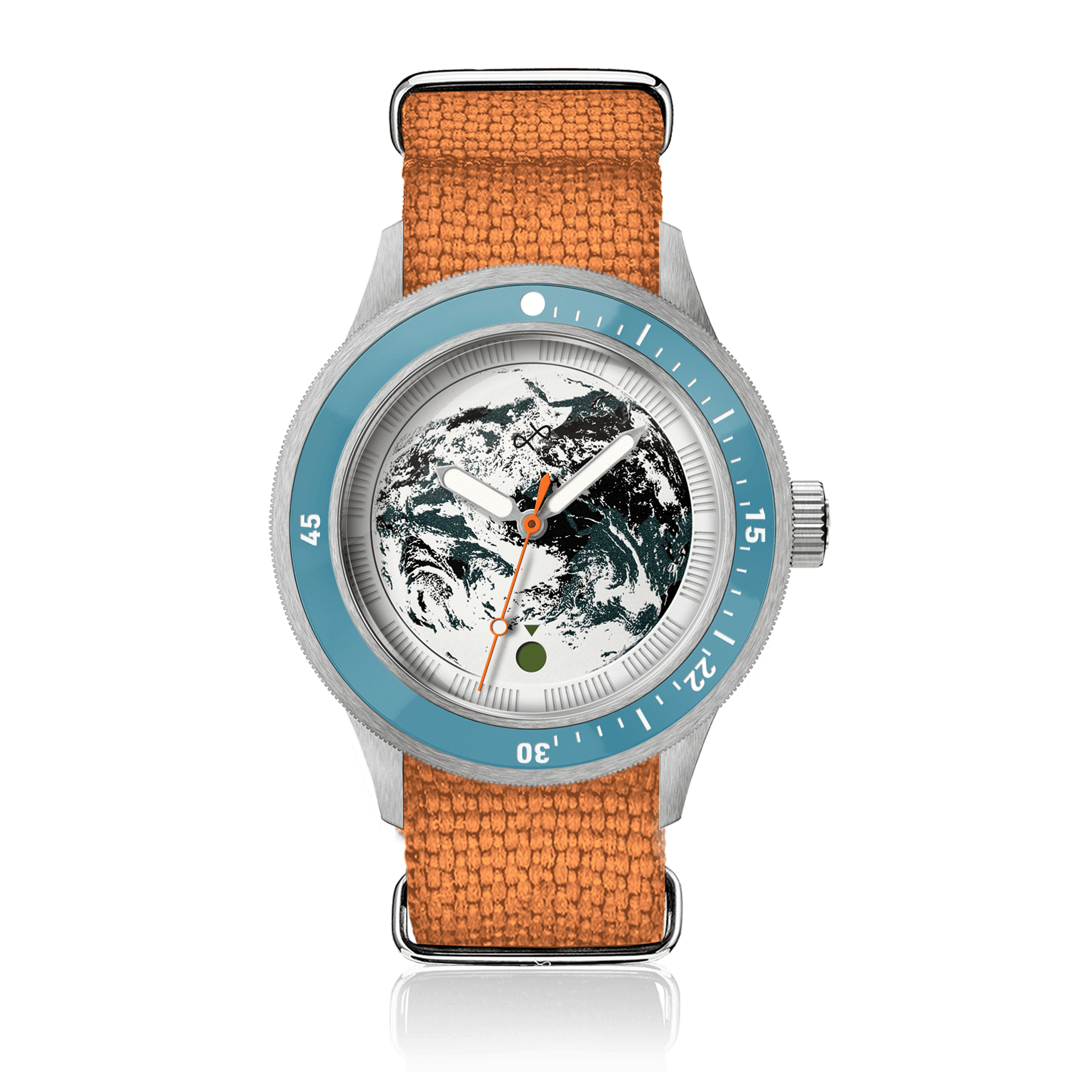 Modèle Earthrise WWF Partnership, Automatique / Édition 2026 par AV86, avec cadran « Earth », lunette bleue et bracelet tissé orange.