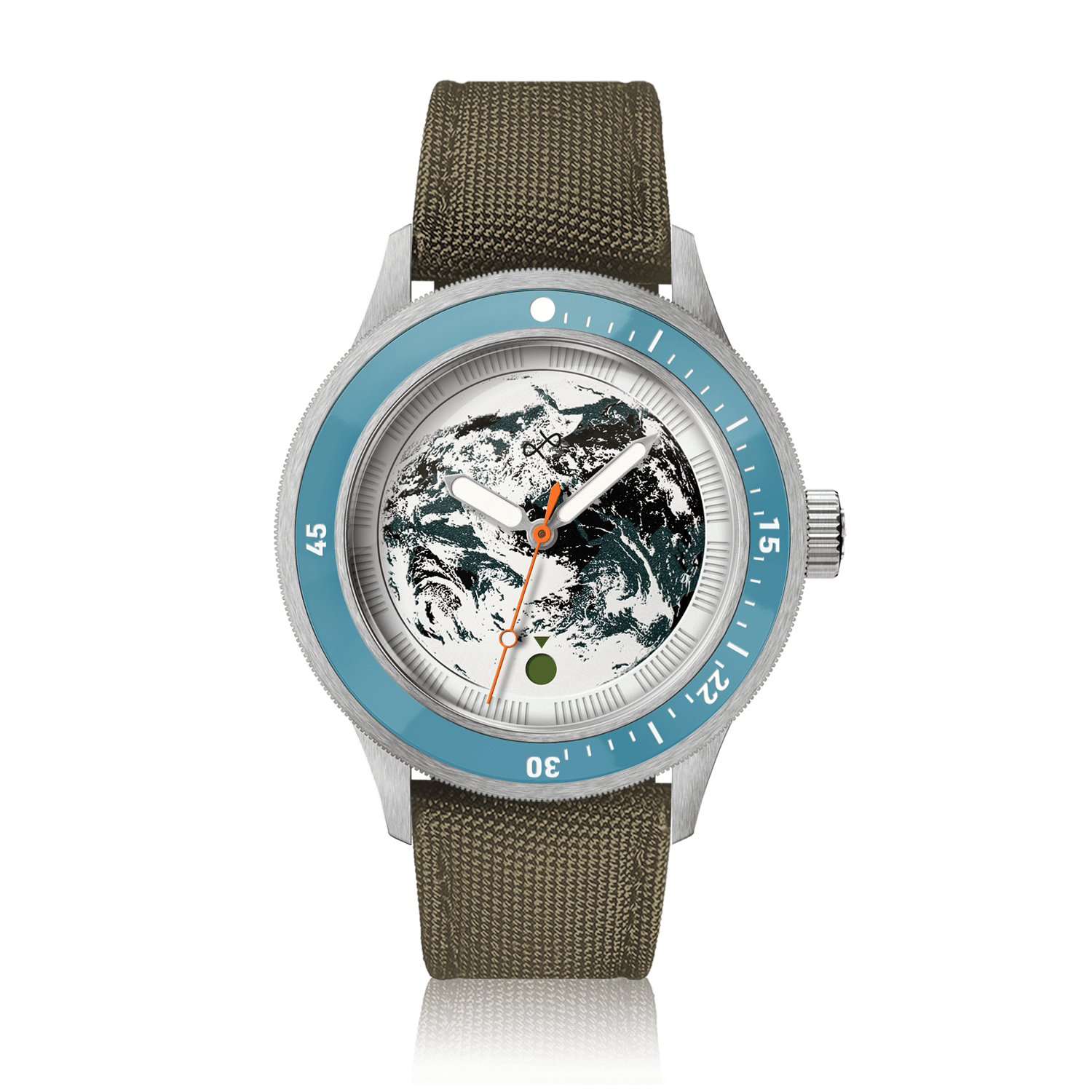 Modèle Earthrise WWF Partnership, Automatique / Édition 2026 par AV86, avec lunette bleu ciel, cadran représentant la Terre et bracelet en Cordura vert olive résistant.