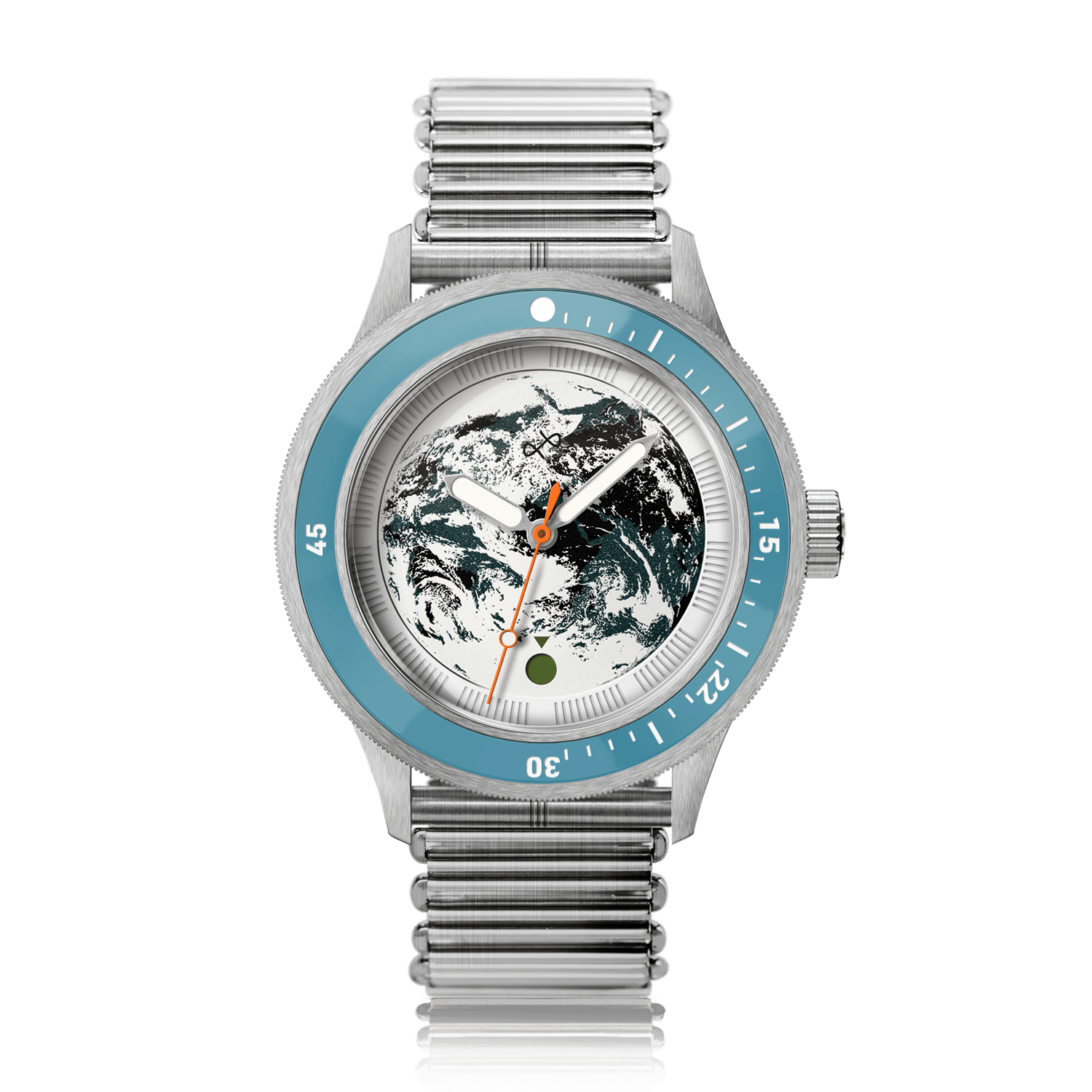 Montre Earthrise WWF Partnership, modèle Automatique / Édition 2026 par AV86, avec bracelet en acier inoxydable argenté, lunette bleue et cadran orné d'un motif représentant la Terre.