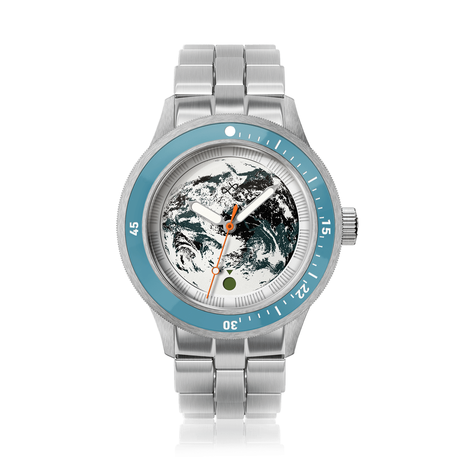Modèle Earthrise WWF Partnership, Automatique / Édition 2026 par AV86, avec lunette bleu marine, cadran orné d'un motif représentant la Terre et bracelet en acier inoxydable.