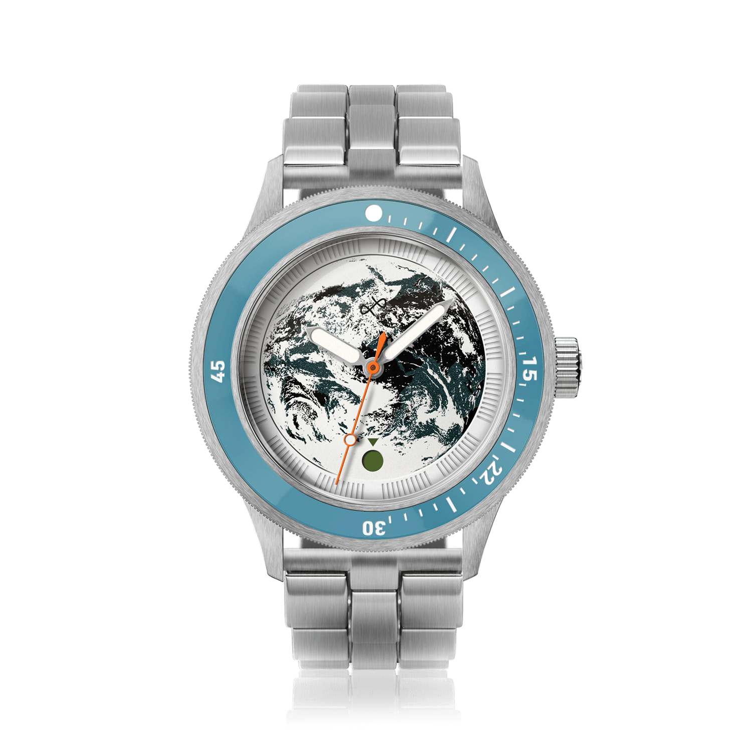 Modèle Earthrise WWF Partnership, Automatique / Édition 2026 par AV86, avec lunette bleu marine, cadran orné d'un motif représentant la Terre et bracelet en acier inoxydable.