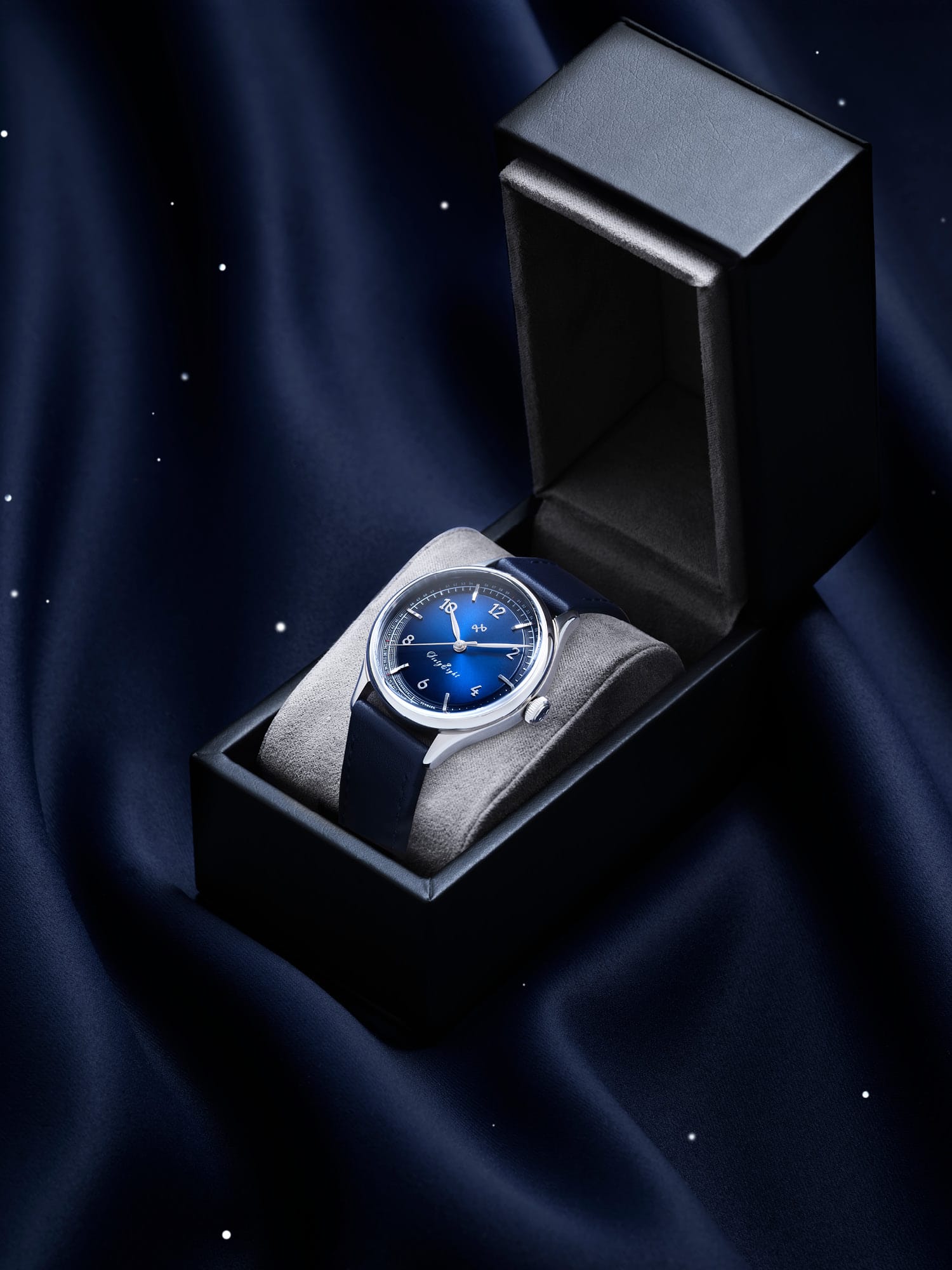 1968 Sixtyeight by AV86 vintage-inspired dress watch with blue sunray dial, sapphire crystal, and leather strap in presentation box