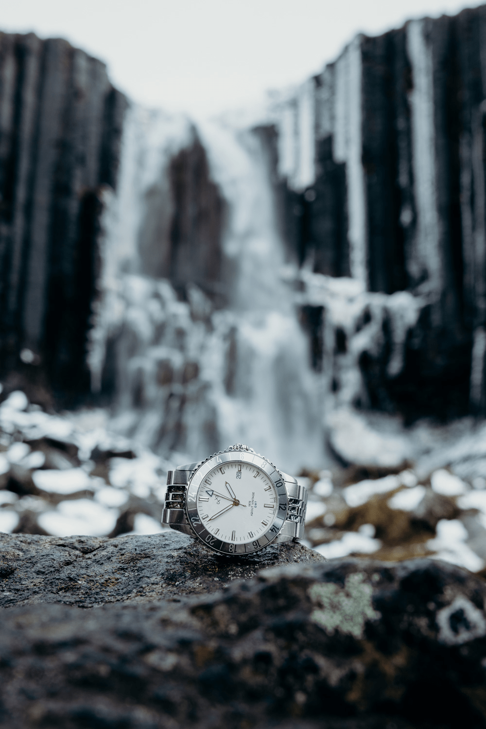 1970 Glacier GMT Automatic by AV86 luxury Swiss GMT watch with sapphire crystal, stainless steel bezel, and metal bracelet strap