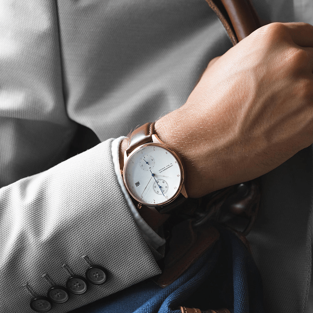 1815 Chronograph by AV86 luxury chronograph with sapphire crystal, vintage-inspired dial, and brown leather strap on wrist