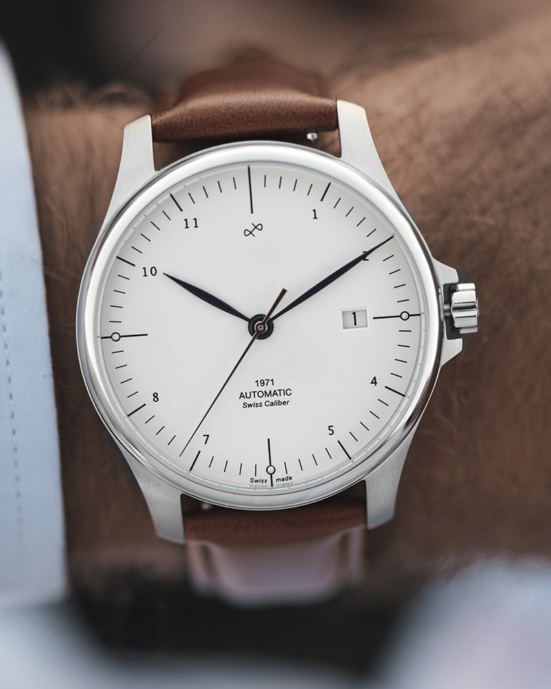 1971 Automatic by AV86 luxury automatic watch with minimalist dial, sapphire crystal, Swiss caliber, and brown leather strap