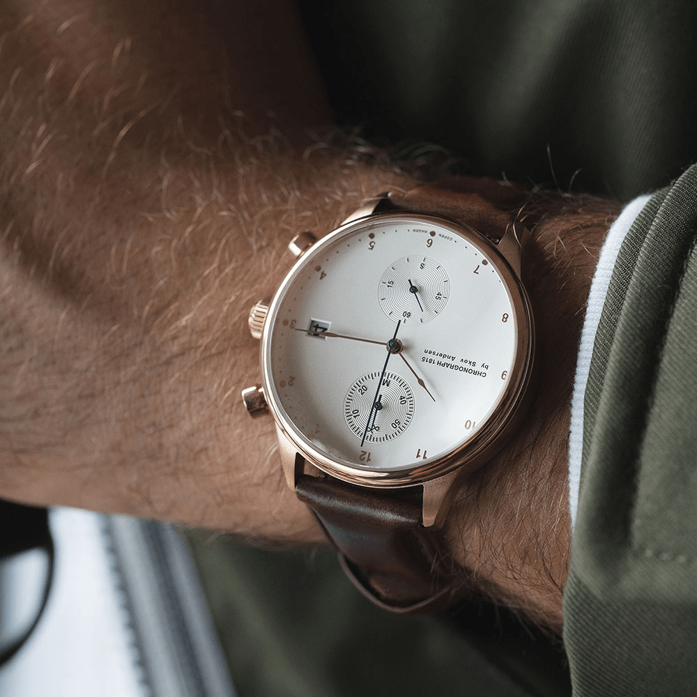 1815 Chronograph by AV86 luxury chronograph with sapphire crystal, vintage-inspired dial, and brown leather strap on wrist