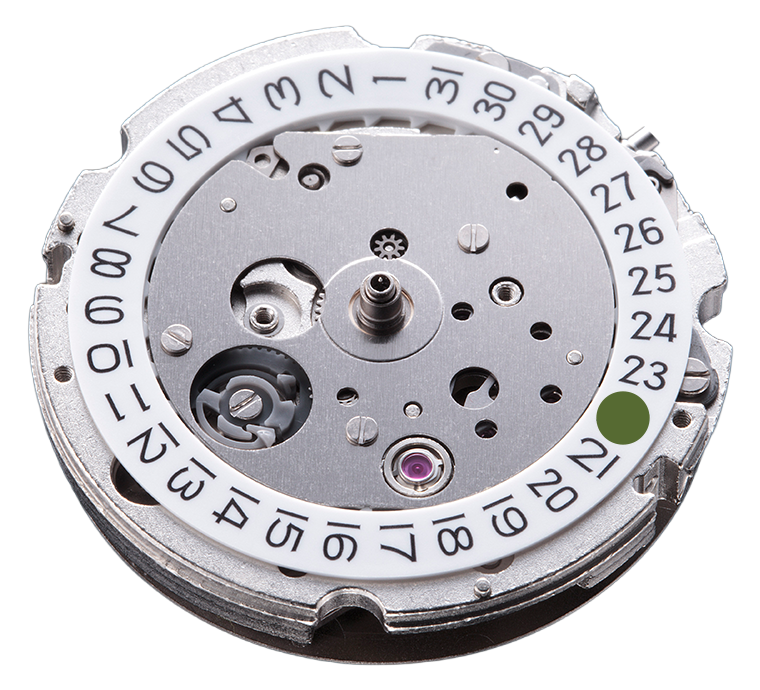 Mechanical watch movement showing date wheel with black numerals on white background and metallic components